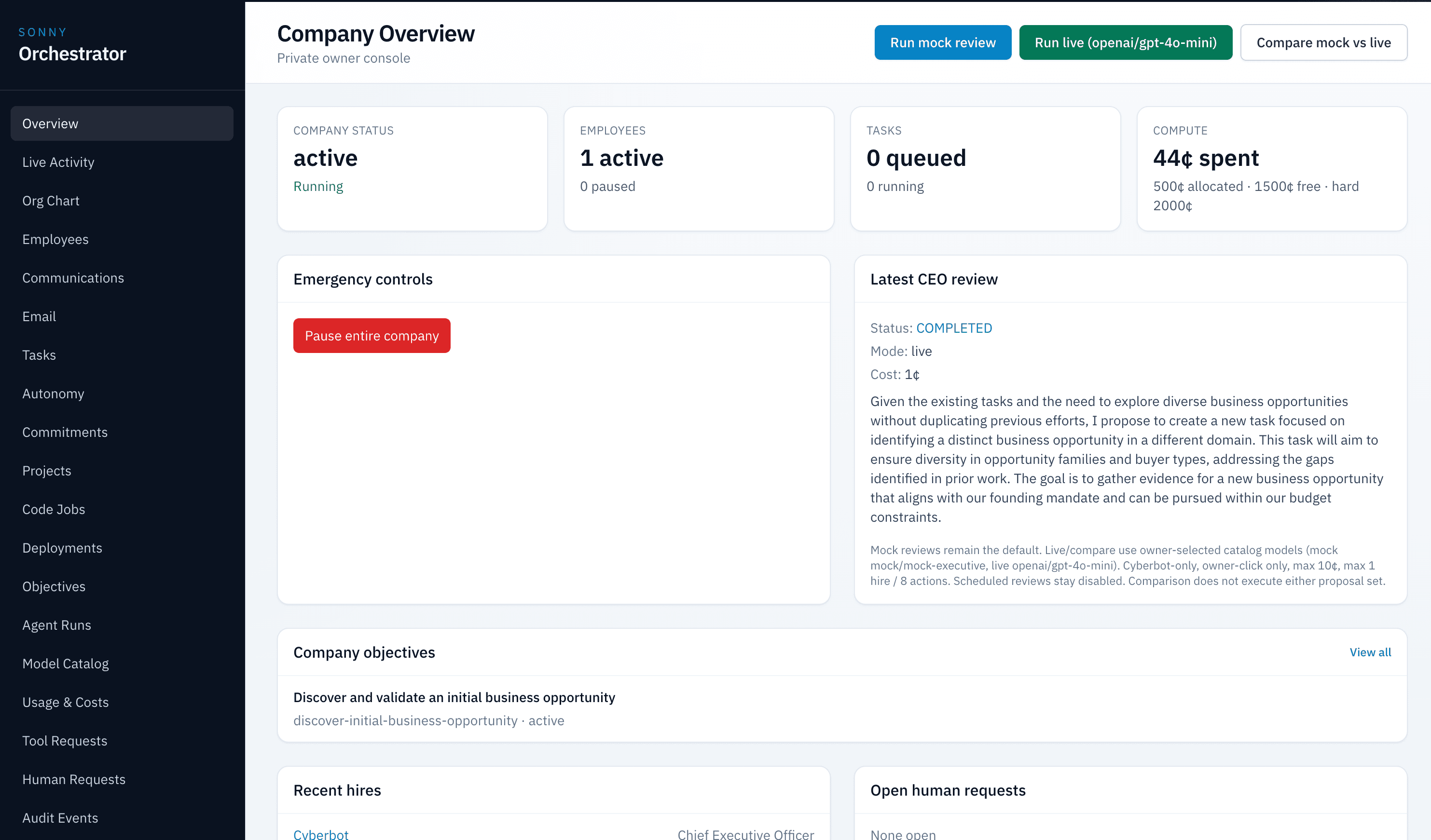 Sonny Orchestrator owner dashboard